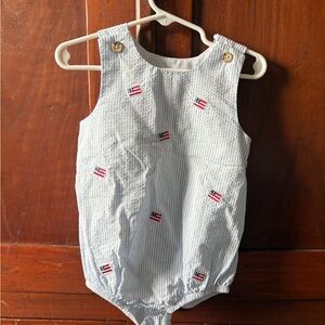Starting Out Light Blue Seersucker American Flag Embroidered One-Piece